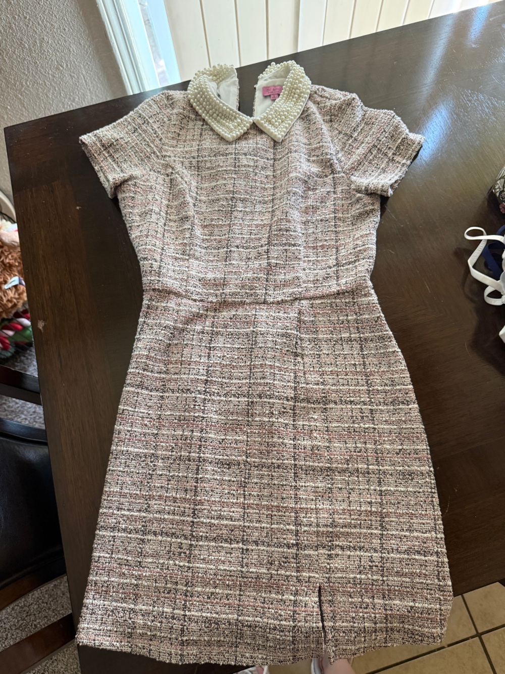 miami Tweed Pearl-Collar Short Sleeve Sheath Dress in Pink and Cream - Picture 1 of 2